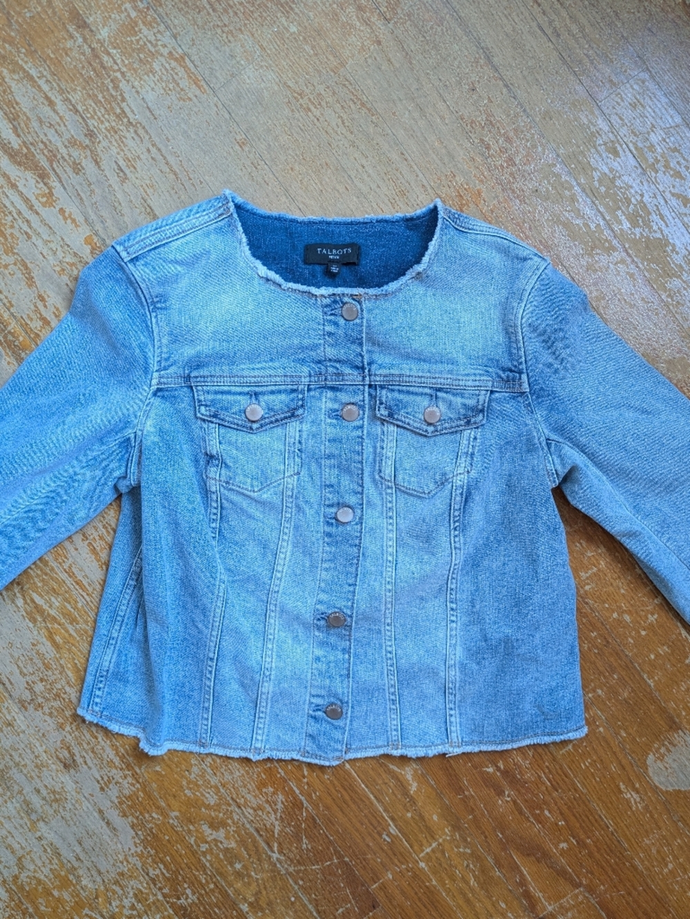 Talbots Light Blue Denim Jean Jacket with Raw Edge Crew Neck